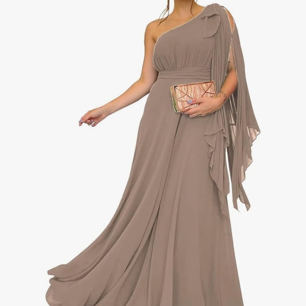 Elegant One-Shoulder Taupe Evening Gown